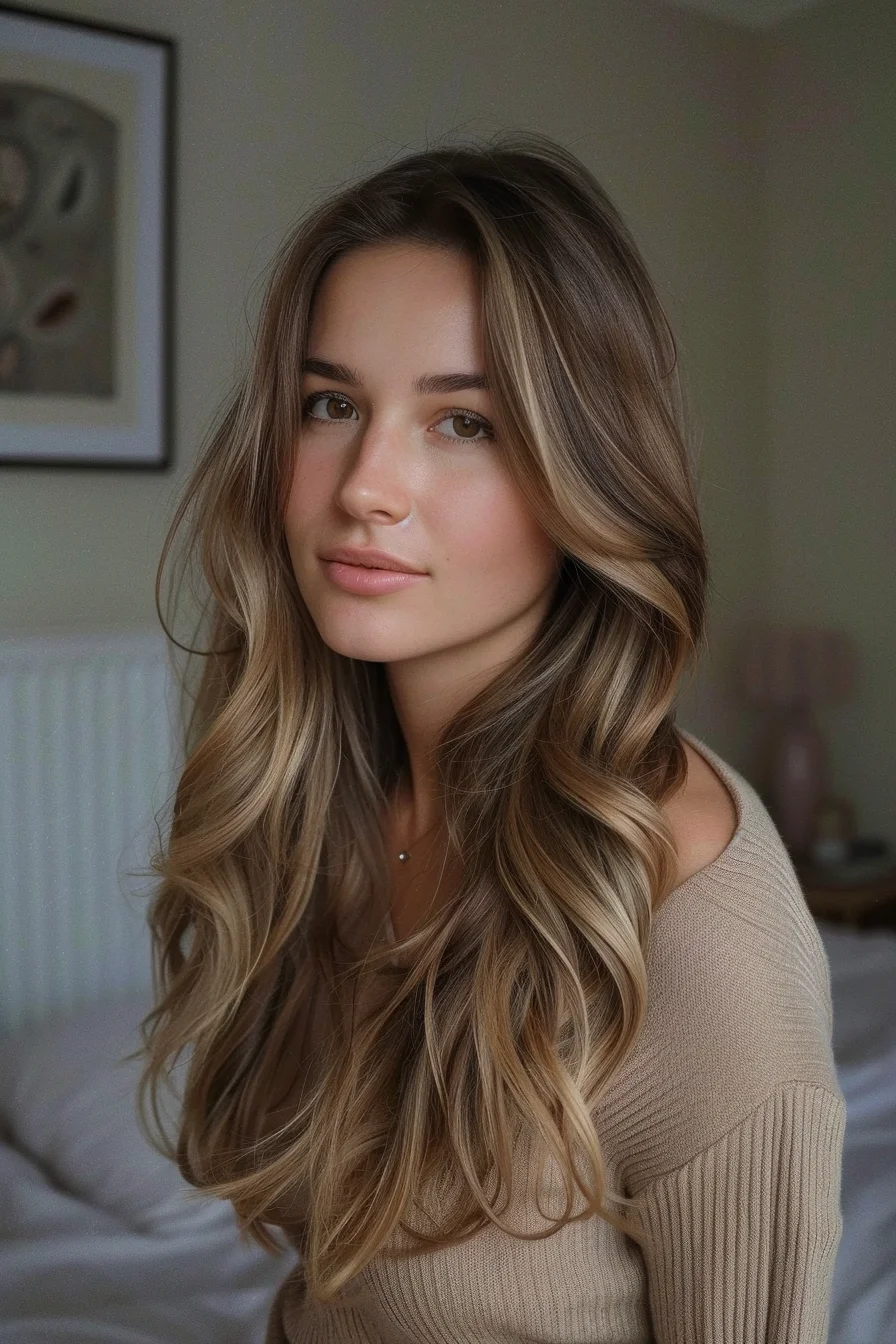 Soft, cascading waves in a rich, sun-kissed brunette bring a natural and effortless look to this fall hairstyle. The warm honey tones seamlessly blend into the darker roots, adding just the right amount of brightness for a flattering autumn vibe.