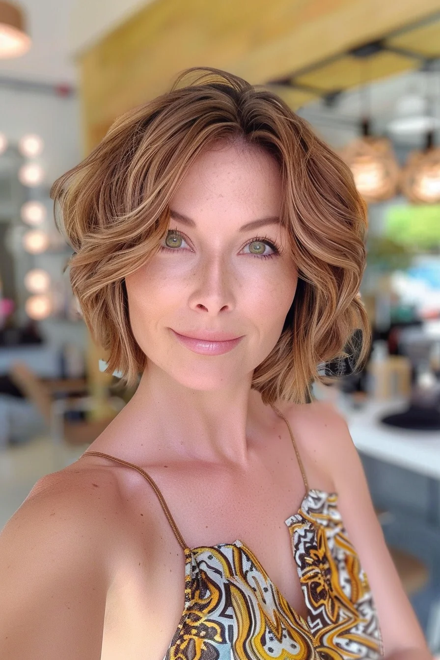 Effortlessly chic, this golden-hued bob radiates warmth and style. Soft waves cascade around the face, framing it beautifully while adding movement and texture. Subtle highlights weave through the hair, creating depth and dimension that catch the light with every turn. A side-swept part adds a touch of relaxed elegance, making this cut perfect for busy moms who want to look polished without spending hours on styling.