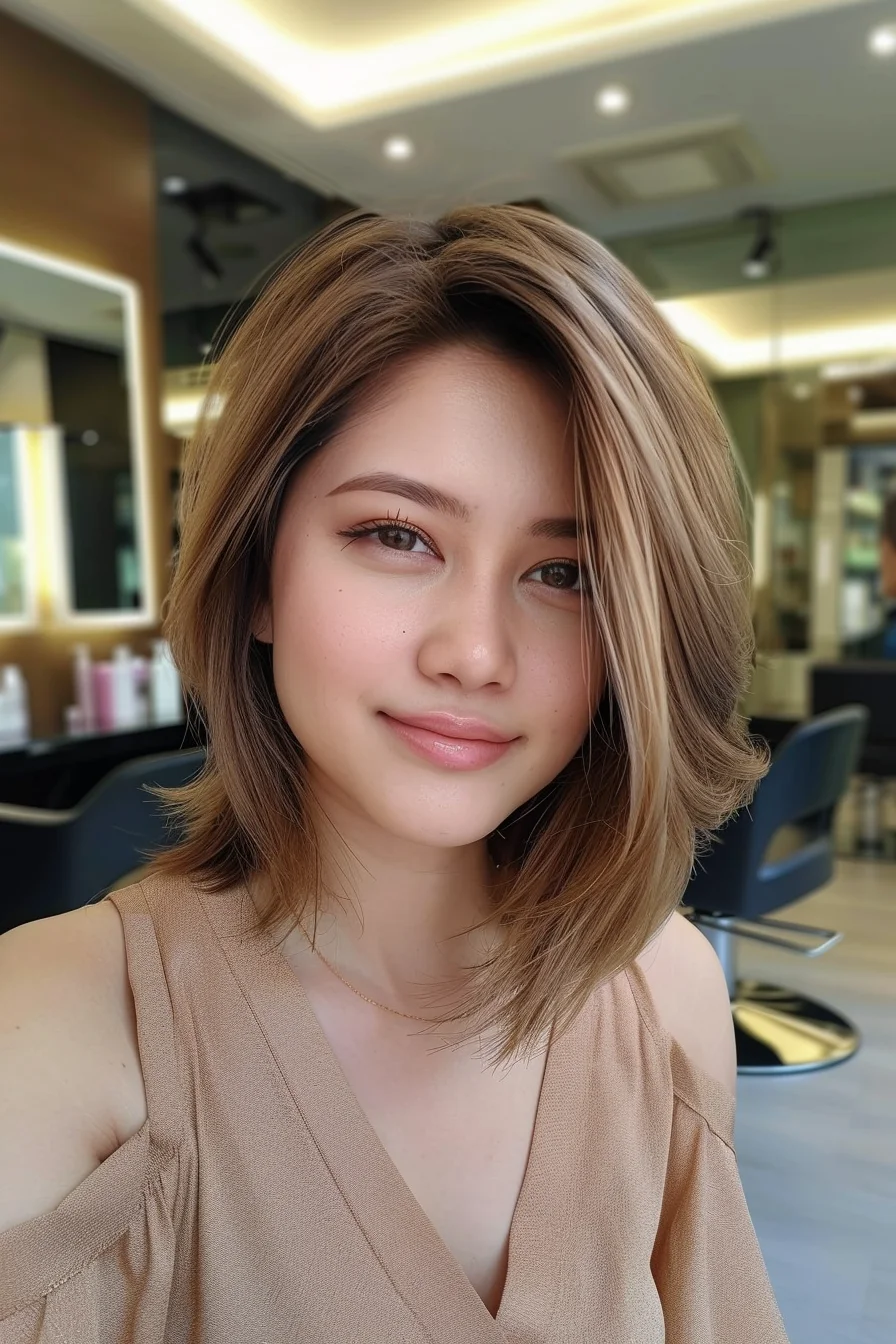 Sleek and polished, this asymmetrical bob exudes modern sophistication. A rich brunette base is beautifully enhanced with face-framing honey blonde highlights, adding warmth and dimension to the overall look. The longer side is expertly styled with a subtle wave, while the shorter side showcases the cut's precision. This bold yet versatile style can be worn sleek for a more formal look or tousled for a casual vibe. 