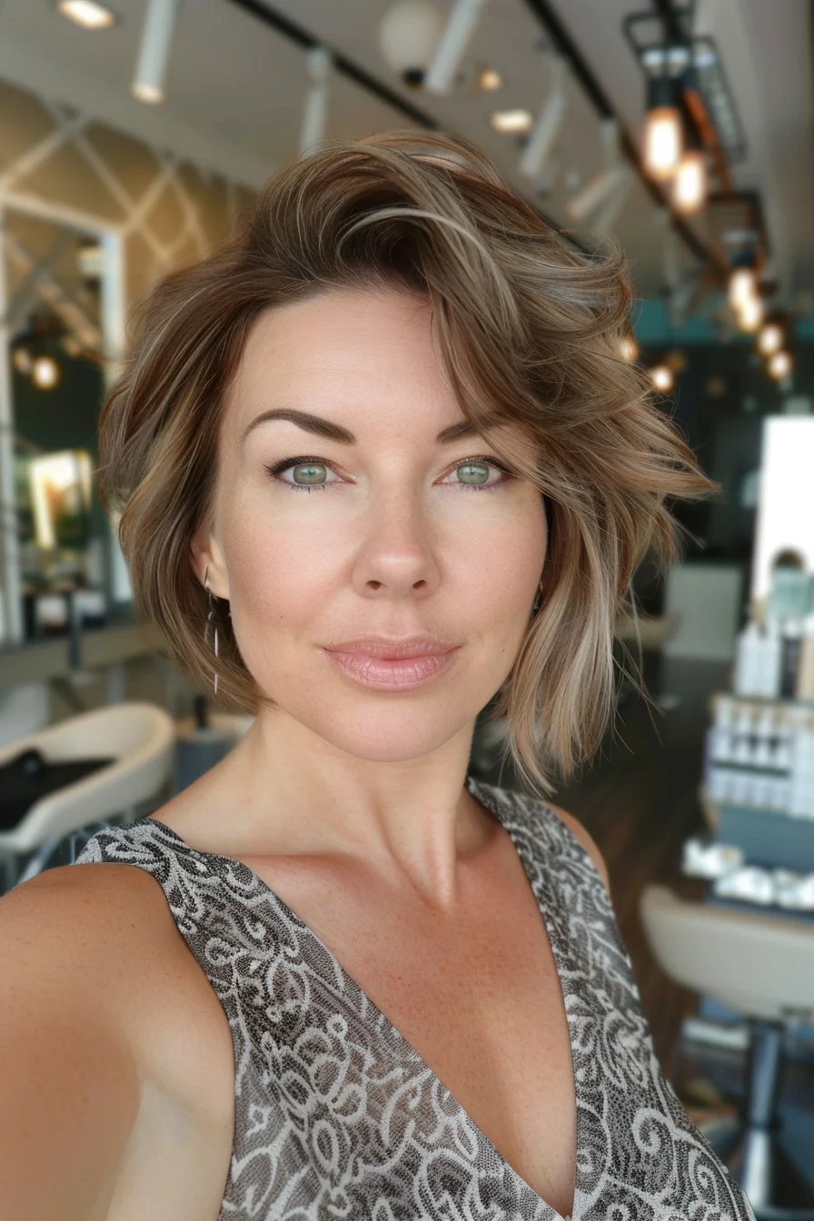 Effortlessly chic, this tousled bob exudes modern sophistication. Warm honey blonde hues blend seamlessly with subtle ash tones, creating a dimensional look that catches the light beautifully. Voluminous waves add texture and movement, giving the hair a windswept, lived-in feel. The side-swept part adds an element of drama, while choppy ends provide an edgy finish.