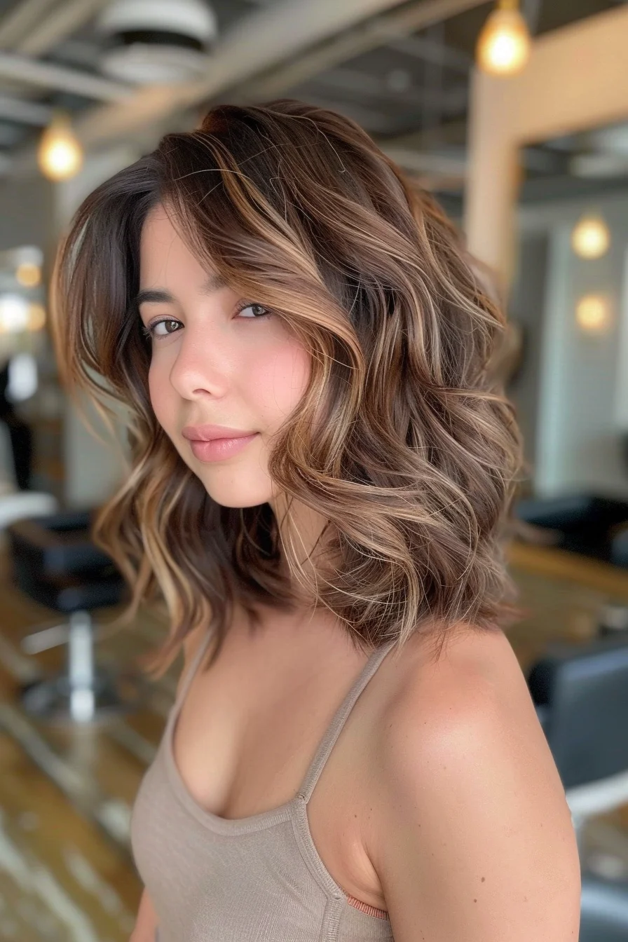 Sun-kissed and vibrant, this luscious lob radiates warmth and style. Rich chocolate brown roots seamlessly transition into golden caramel ends, creating a stunning balayage effect that adds depth and dimension. Soft, beachy waves cascade around the face, framing it beautifully while lending a relaxed, carefree vibe. The length, hitting just below the shoulders, offers versatility for various styling options.