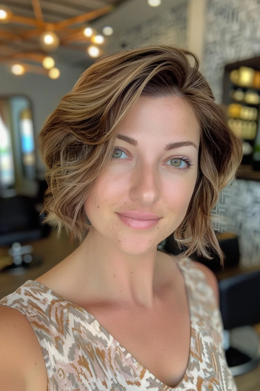 Bright and bold, this textured bob makes a statement with its perfectly blended highlights. Warm honey tones weave through a light brown base, creating a multi-dimensional effect that brightens the complexion. Tousled waves add volume and movement, giving the hair a fresh, modern feel. A deep side part allows for versatile styling options, from sleek and polished to messy and undone. 