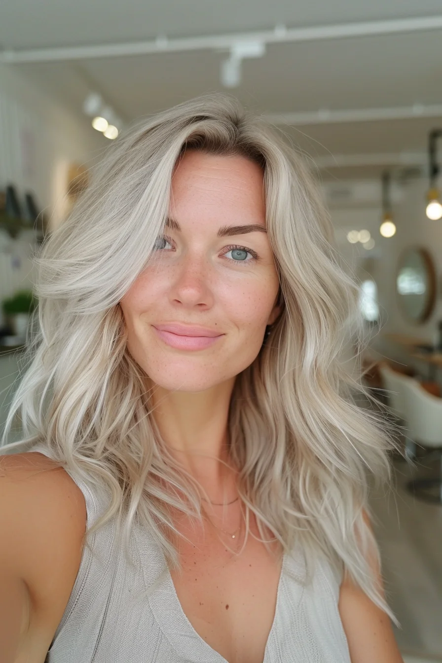 Ethereal and enchanting, this long layered cut is a vision in platinum blonde. The cool, icy tones create a striking contrast against the skin, while subtle lowlights add depth and prevent the color from appearing flat. Soft, voluminous waves cascade down, creating a romantic silhouette that frames the face beautifully. The length offers versatility for various styling options, from elegant updos to casual ponytails. 