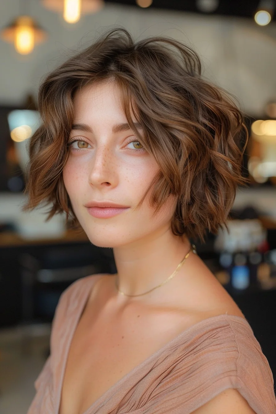 Flirty and fresh, this textured bob embodies effortless chic. Rich chestnut tones blend seamlessly with subtle caramel highlights, creating a sun-kissed effect that adds warmth to the overall look. Piece-y waves and choppy layers add volume and movement, giving the hair a tousled, bed-head vibe that's both stylish and low-maintenance. The face-framing layers accentuate the cheekbones, while the slightly asymmetrical cut adds a modern twist.