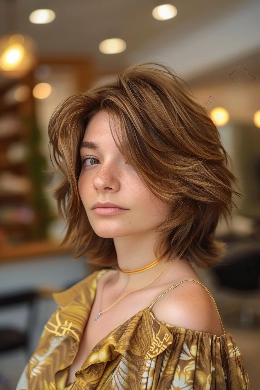 Sun-kissed and vibrant, this textured bob radiates effortless chic. Rich caramel tones blend seamlessly with golden highlights, creating a dimensional look that catches the light beautifully. Tousled waves add volume and movement, giving the hair a windswept, lived-in feel. The side-swept part adds an element of drama, while feathered ends provide a soft, feminine finish.