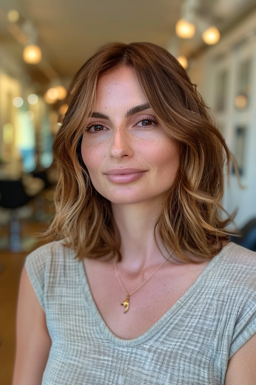 Effortlessly elegant, this shoulder-length cut exudes modern sophistication. Warm chestnut brown roots transition smoothly into honey blonde ends, creating a stunning balayage effect that adds depth and dimension. Soft, loose waves cascade around the face, framing it beautifully while lending a relaxed, beachy vibe. The center part allows for versatile styling options, from sleek and polished to tousled and carefree.