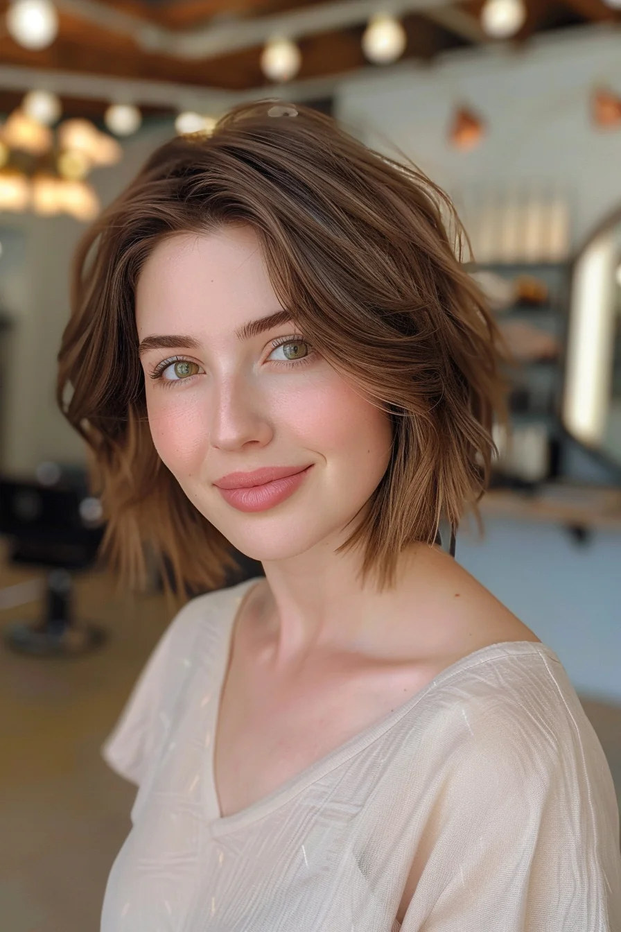 Chic and playful, this textured lob makes a statement with its perfectly blended highlights. Rich brunette tones are illuminated by face-framing golden streaks, creating a multi-dimensional effect that brightens the complexion. Voluminous waves add body and movement, giving the hair a fresh, modern feel. A deep side part allows for versatile styling options, from sleek and sophisticated to messy and undone. 