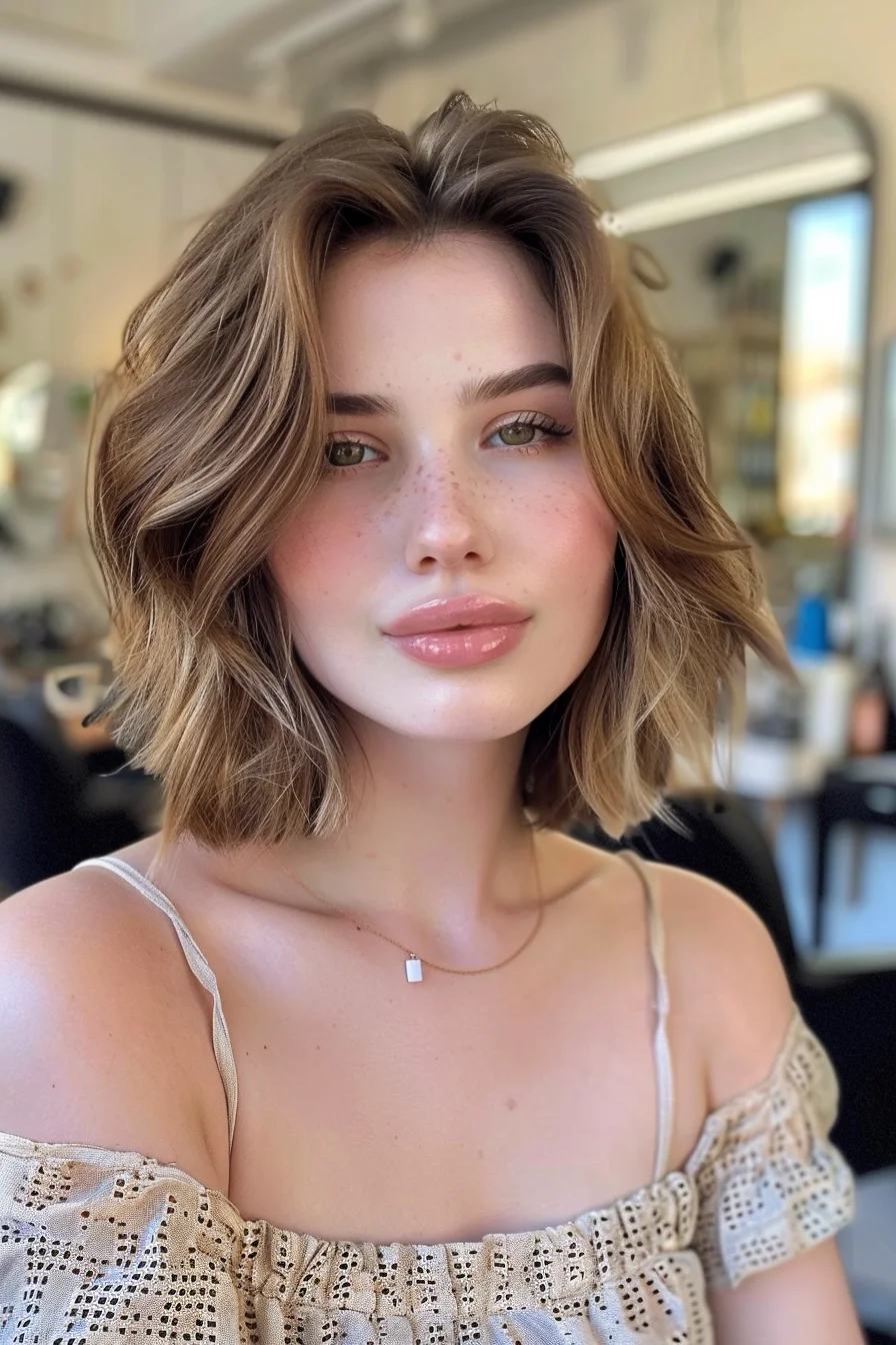 Bold and beautiful, this tousled bob embodies laid-back luxury. Warm honey blonde hues blend seamlessly with subtle caramel lowlights, creating a sun-kissed effect that adds warmth to the overall look. Piece-y waves and choppy layers add volume and texture, giving the hair a beachy, carefree vibe that's both stylish and low-maintenance. The face-framing layers accentuate the cheekbones, while the slightly asymmetrical cut adds a modern twist. 