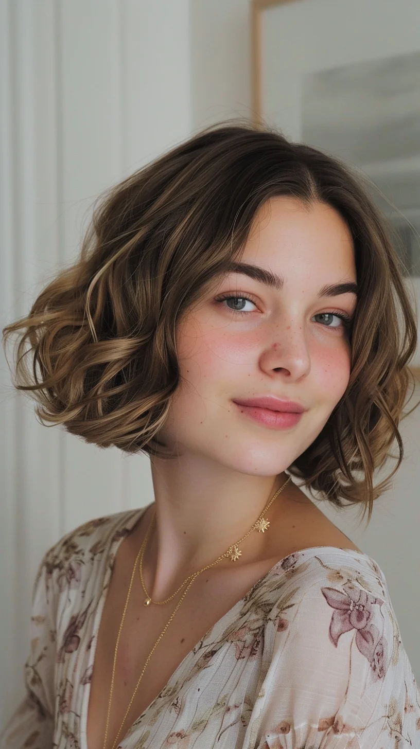 Playful yet polished, this tousled bob exudes carefree charm. Rich brunette tones blend seamlessly with caramel highlights, creating a sun-kissed effect that brightens the complexion. Loose, beachy waves add volume and texture, giving the hair a lived-in look that's both stylish and effortless. A center part balances the face, while wispy ends provide a soft, feminine touch.