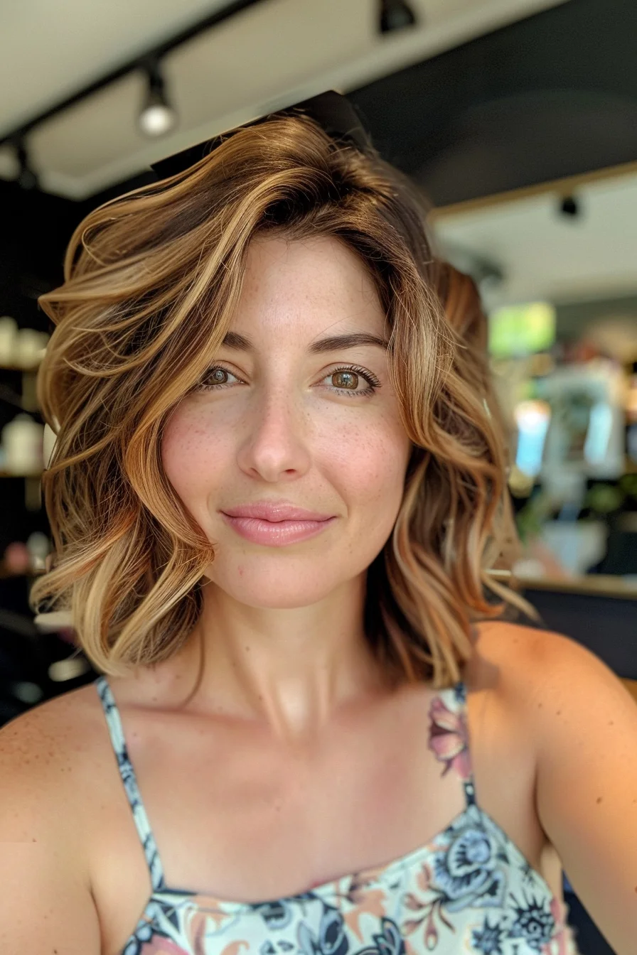 Radiant and refined, this shoulder-grazing cut showcases the perfect balance of color and texture. Rich chocolate brown roots melt into golden caramel ends, creating a stunning ombré effect that adds depth and dimension. Soft, bouncy waves cascade around the shoulders, lending movement and body to the style. The off-center part allows for versatile styling options, from sleek and straight to voluminous and wavy. 