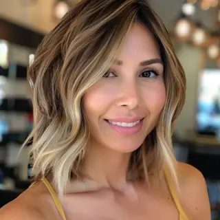 Sun-kissed and sophisticated, this lob cut exudes effortless glamour. Rich chocolate brown roots seamlessly blend into golden blonde ends, creating a stunning balayage effect that adds depth and dimension. Soft, beachy waves cascade around the face, framing it beautifully while lending a relaxed, California-cool vibe. The side-swept part adds volume and drama, while the length, hitting just below the shoulders, offers versatility for various styling options.