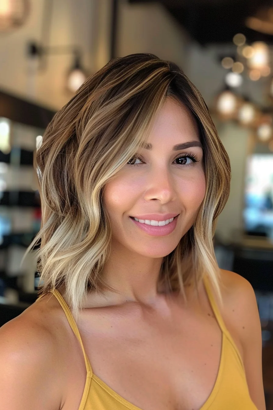 Sun-kissed and sophisticated, this lob cut exudes effortless glamour. Rich chocolate brown roots seamlessly blend into golden blonde ends, creating a stunning balayage effect that adds depth and dimension. Soft, beachy waves cascade around the face, framing it beautifully while lending a relaxed, California-cool vibe. The side-swept part adds volume and drama, while the length, hitting just below the shoulders, offers versatility for various styling options.