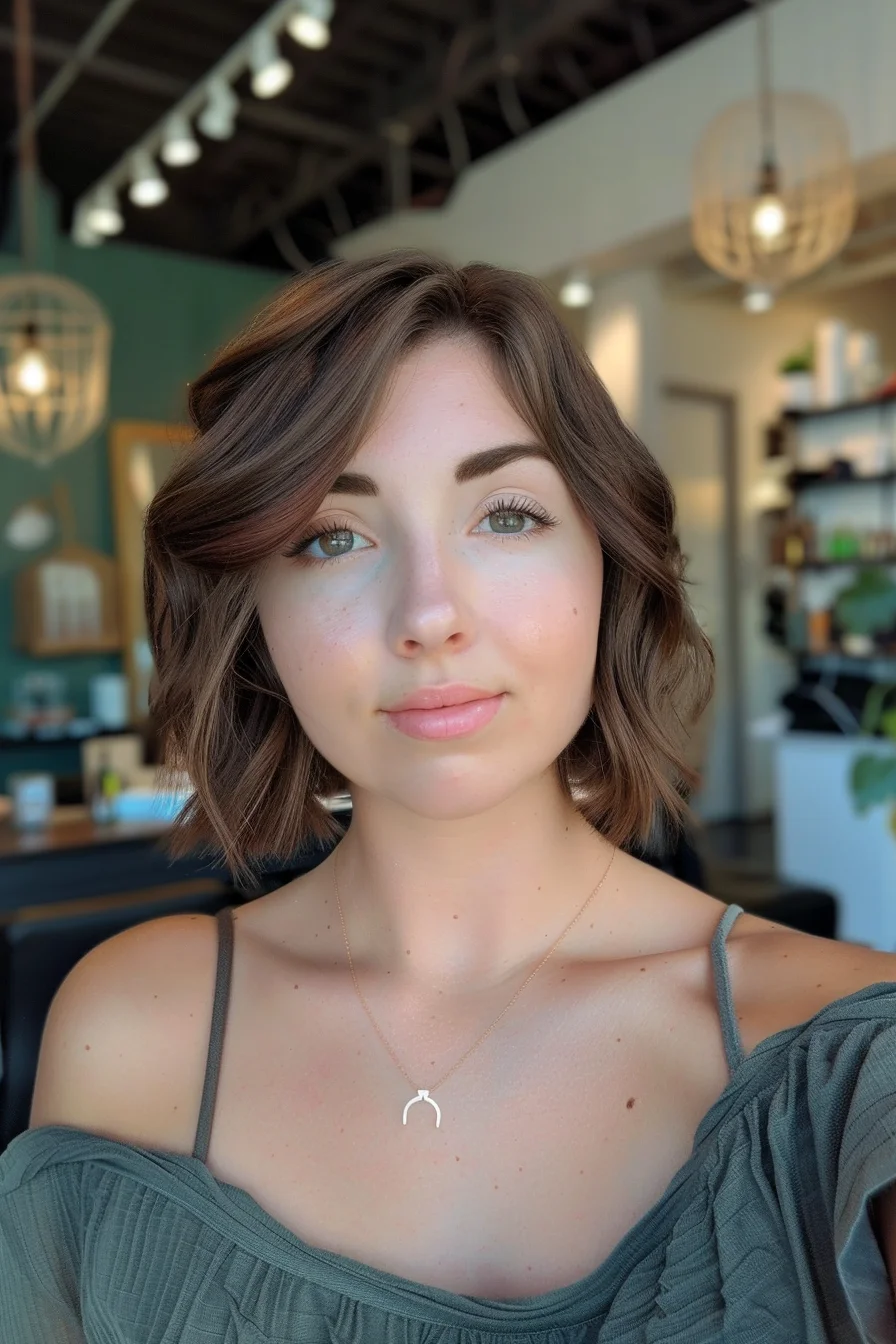 Effortlessly elegant, this wavy bob embodies modern sophistication. Rich brunette hues are enhanced with subtle golden accents, creating a warm, natural-looking color that catches the light beautifully. Soft, loose waves add volume and texture, giving the hair a lived-in look that's both stylish and low-maintenance. The side-swept bangs and face-framing layers accentuate the cheekbones and soften the jawline.