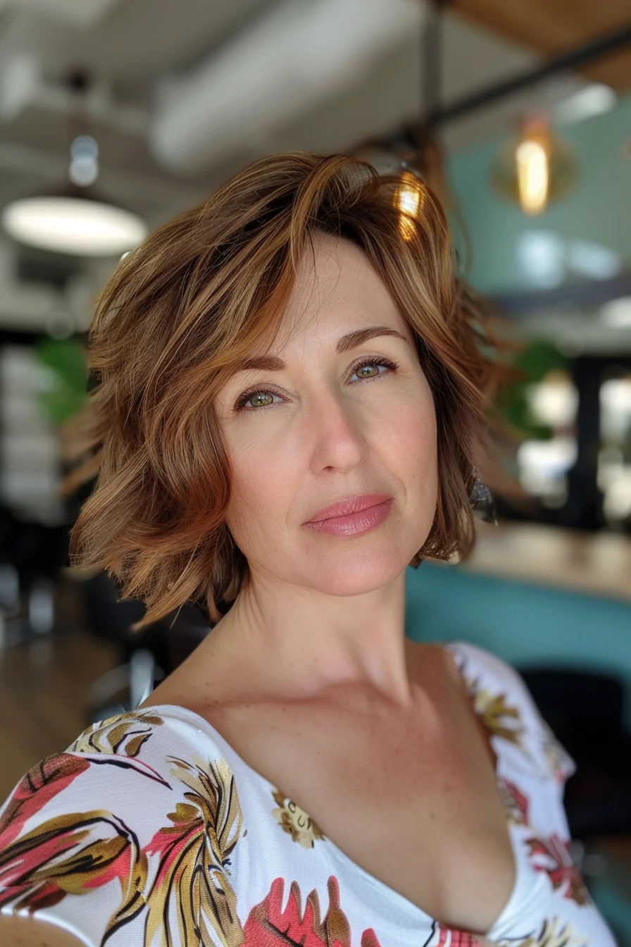 Bold and beautiful, this textured lob showcases the perfect balance of color and movement. Warm honey blonde highlights weave through a rich brunette base, creating a sun-kissed effect that adds warmth and dimension. Voluminous waves and choppy layers add body and texture, giving the hair a tousled, beachy vibe. The side part allows for versatile styling options, while the length offers the flexibility to wear it down or up. 