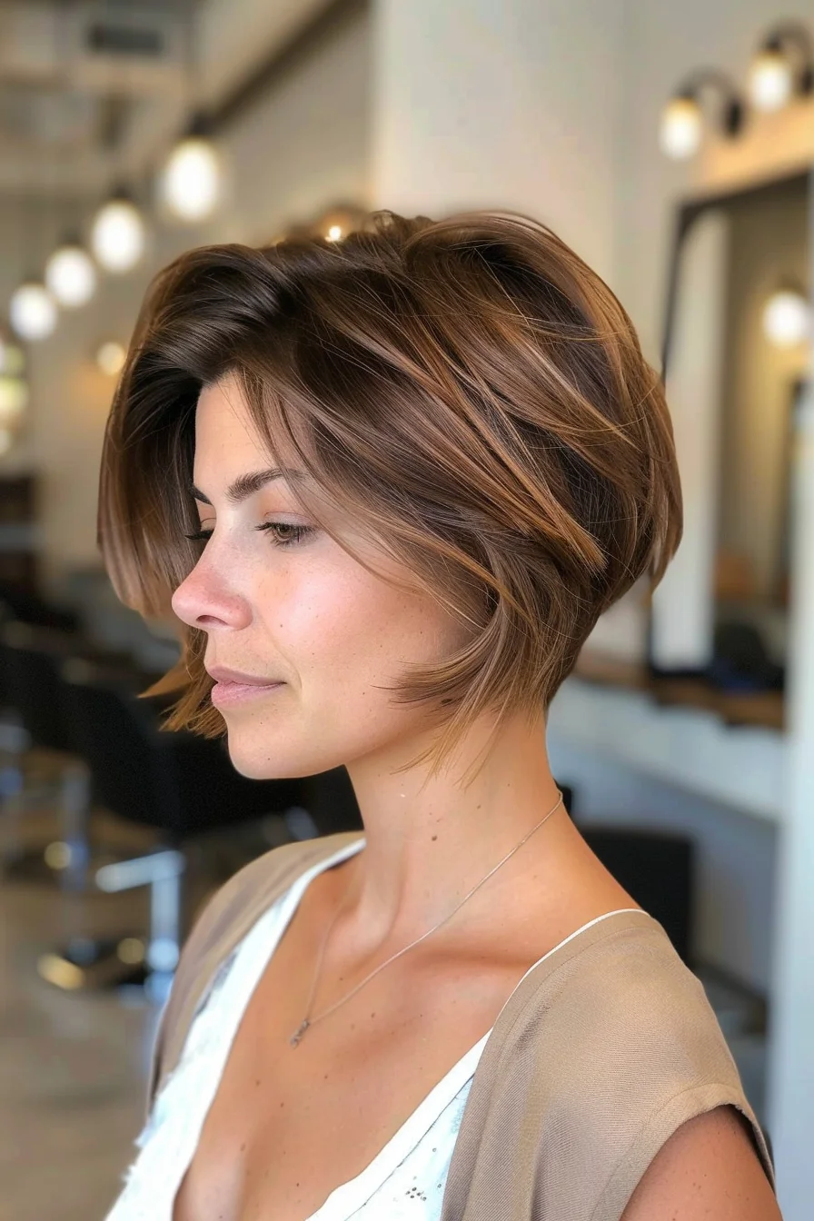 Sleek and sophisticated, this graduated bob exudes timeless elegance with a modern twist. Deep chocolate brown roots transition smoothly into warm caramel ends, creating a subtle ombré effect that adds depth and interest. The precision cut showcases sharp, angled lines that frame the face beautifully, while the longer front pieces offer versatility in styling. Soft waves add a touch of romance and movement to the otherwise structured style.