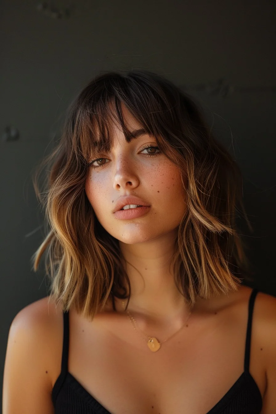 Effortlessly chic, this textured lob exudes French girl cool. Rich chocolate brown roots seamlessly blend into sun-kissed caramel ends, creating a stunning balayage effect that adds depth and dimension. Tousled waves cascade around the face, framing it beautifully while lending a relaxed, lived-in vibe. The eye-skimming bangs add a touch of mystery and sophistication.