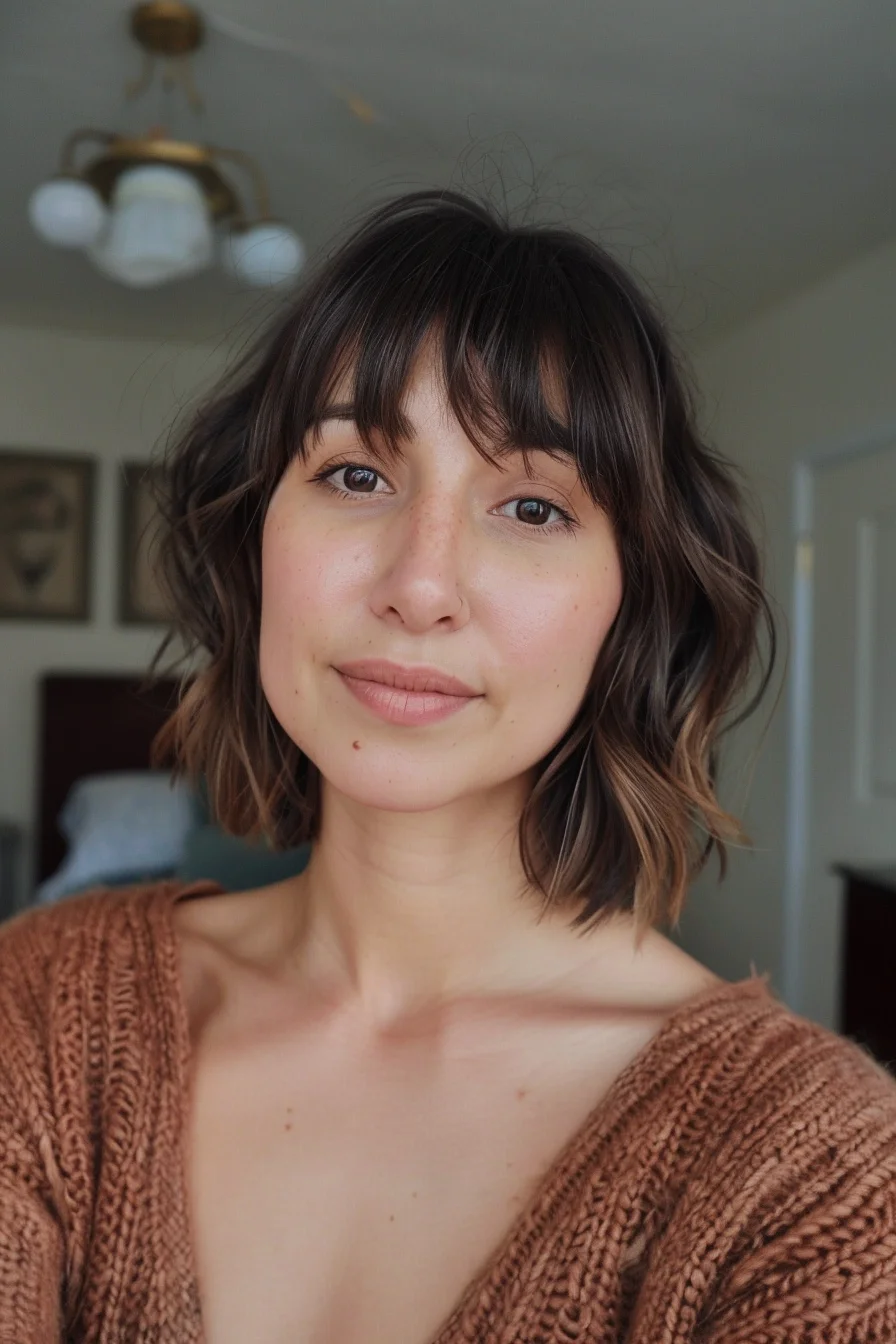 Playful yet polished, this wavy bob radiates youthful energy. Deep espresso tones are illuminated by subtle honey highlights, creating a multi-dimensional effect that brightens the complexion. Soft, bouncy waves add body and movement, giving the hair a fresh, windswept feel. The face-framing layers and wispy bangs soften the jawline and accentuate the cheekbones. 