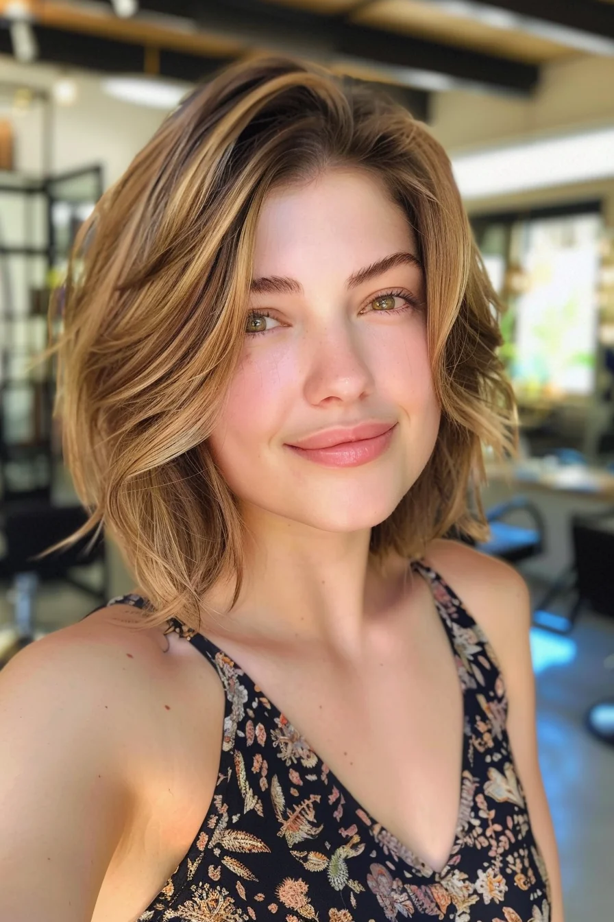 Sun-kissed and vibrant, this textured lob embodies California cool. Golden blonde highlights weave through a warm brunette base, creating a radiant, beach-inspired look. Voluminous waves and choppy layers add texture and movement, giving the hair a tousled, carefree vibe. The side-swept part adds lift at the roots, while the face-framing pieces enhance the eyes and cheekbones. 