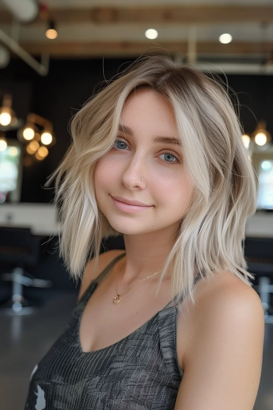 Bright and bold, this platinum blonde lob makes a statement. Textured layers create movement and body, giving the hair a modern, edgy feel. The roots are slightly darker, providing depth and an easy grow-out for busy moms. Soft waves throughout add a touch of romance and versatility to the style. A side part allows for easy styling variations, from sleek and straight to tousled and voluminous.