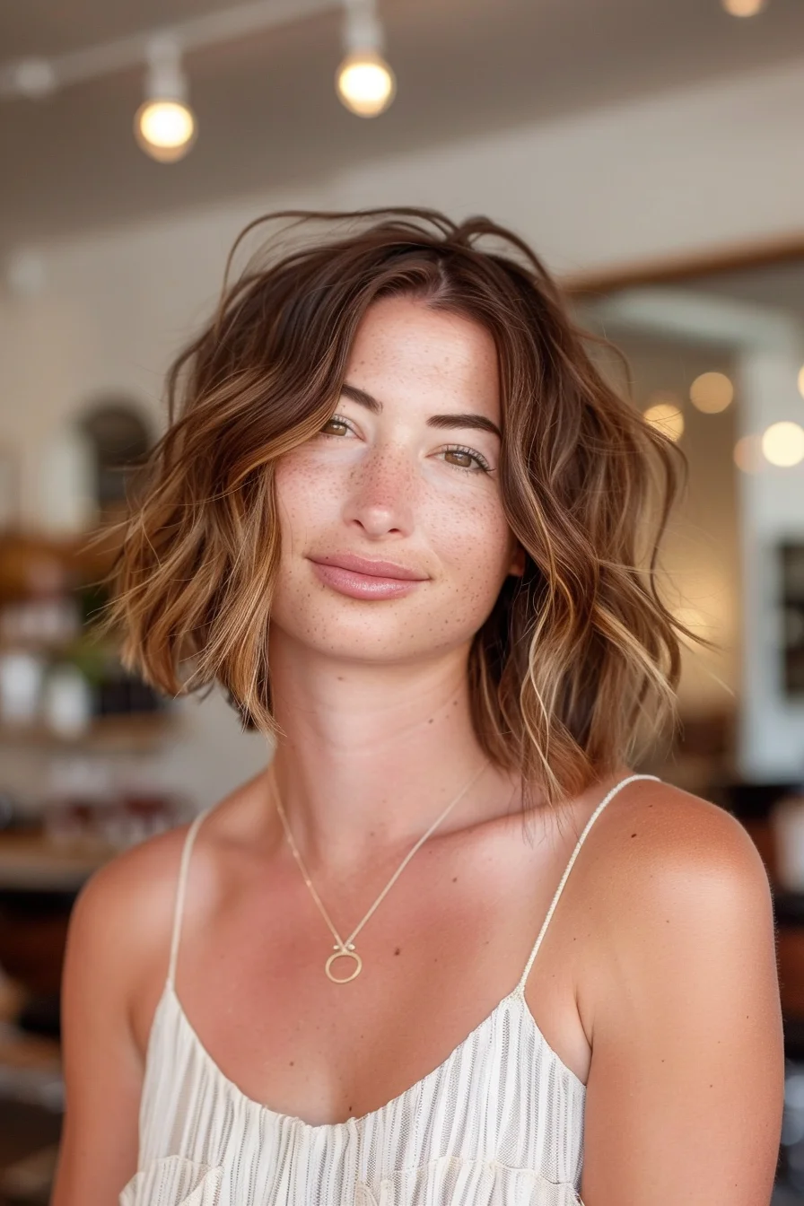 Chic and modern, this wavy bob radiates effortless style. Rich chestnut brown roots melt into golden caramel ends, creating a stunning sombré effect that adds warmth and depth. Tousled waves and piece-y layers add texture and body, giving the hair a lived-in, editorial-worthy look. The slightly off-center part allows for versatile styling options, while the length hits perfectly at the collarbone for a flattering silhouette. 