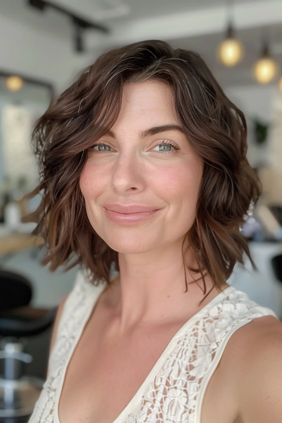 Effortlessly chic, this tousled bob exudes modern sophistication. Rich chocolate brown hues create a luxurious base, while subtle caramel highlights add warmth and dimension. Soft, voluminous waves cascade around the face, framing it beautifully and lending a relaxed, lived-in vibe. The slightly off-center part adds lift at the roots, while the textured ends provide movement and body. 