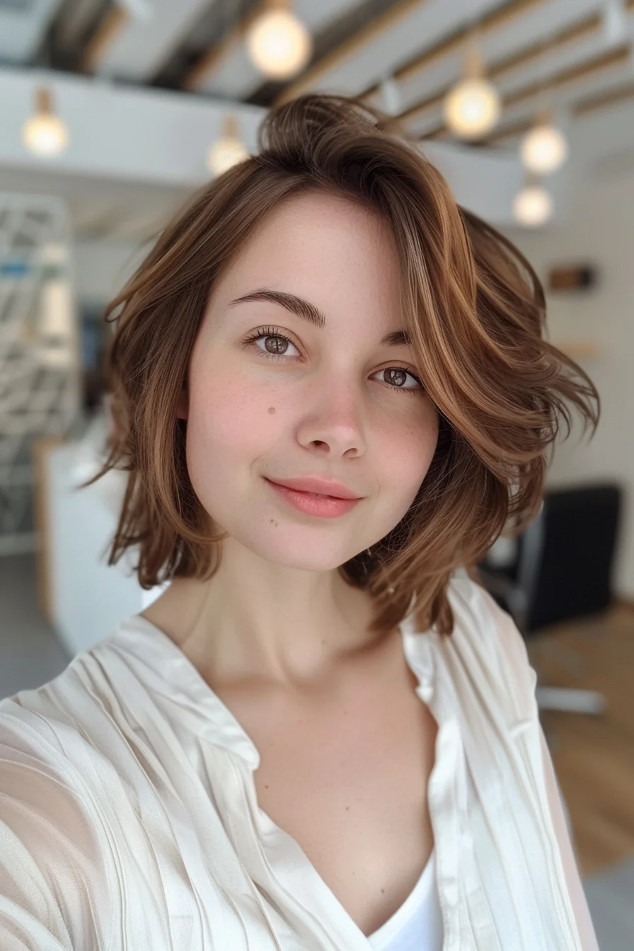 Sun-kissed and vibrant, this wavy lob radiates youthful energy. Warm chestnut tones seamlessly blend into golden honey highlights, creating a stunning balayage effect that brightens the complexion. Tousled waves add texture and movement, giving the hair a fresh, beachy feel. The face-framing layers soften the jawline and accentuate the cheekbones, while the side-swept bangs add a touch of flirty charm. 
