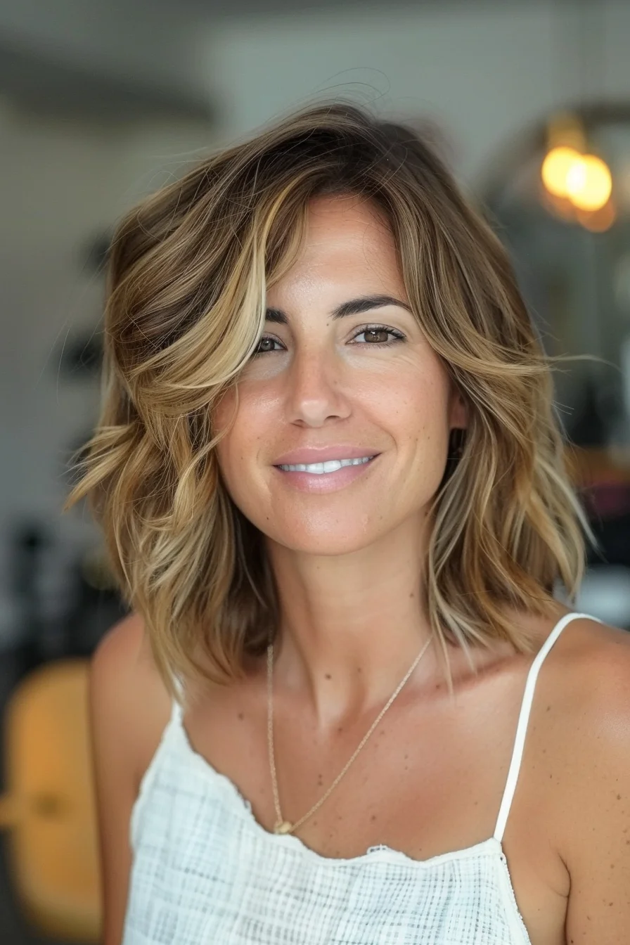 Bright and bold, this textured lob embodies California cool. Golden blonde highlights weave through a warm brunette base, creating a radiant, multi-dimensional look that catches the light beautifully. Voluminous waves and choppy layers add body and movement, giving the hair a tousled, carefree vibe. The side-swept part adds drama and volume, while the face-framing pieces enhance the eyes and cheekbones. 