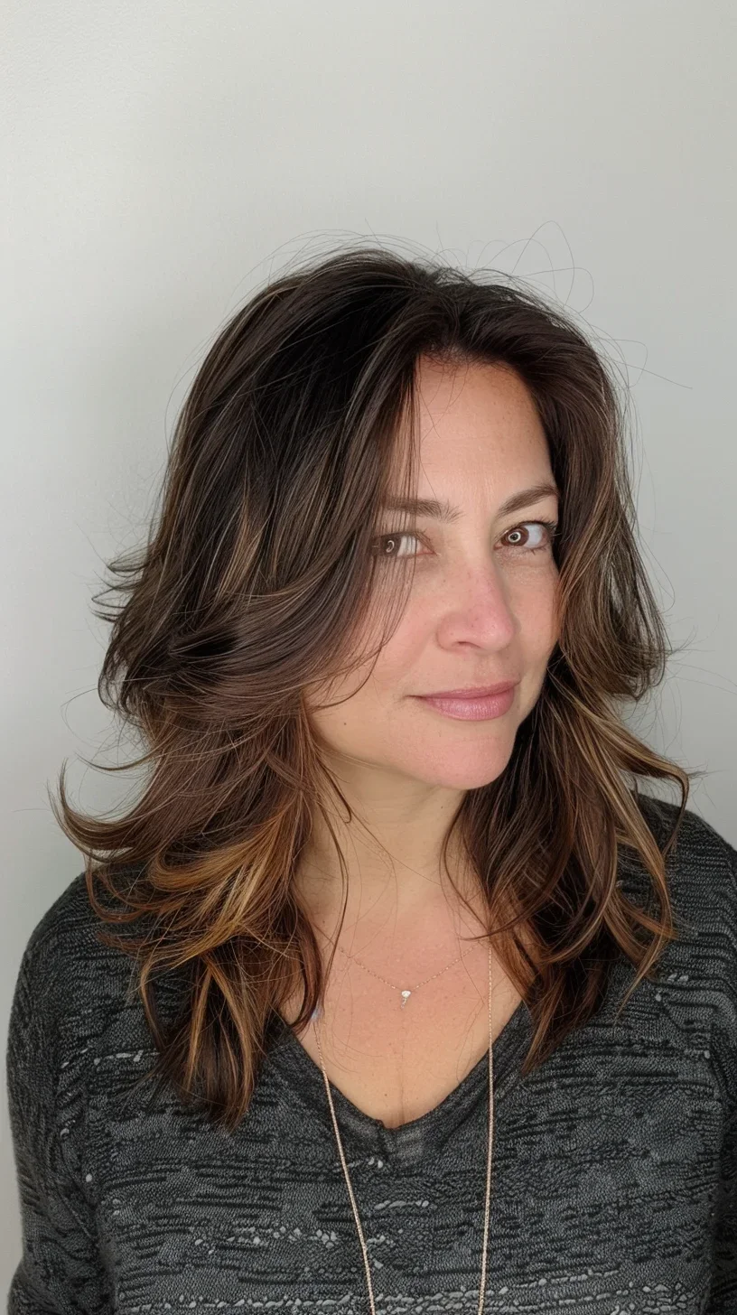 Long, lustrous layers showcase the beauty of multidimensional brunette hues in this stunning cut. Gentle waves cascade down, creating a soft, romantic silhouette that frames the face beautifully. Subtle highlights add warmth and dimension, catching the light and giving the hair a healthy, radiant glow. The length offers versatility for various styling options, from elegant updos to casual ponytails.
