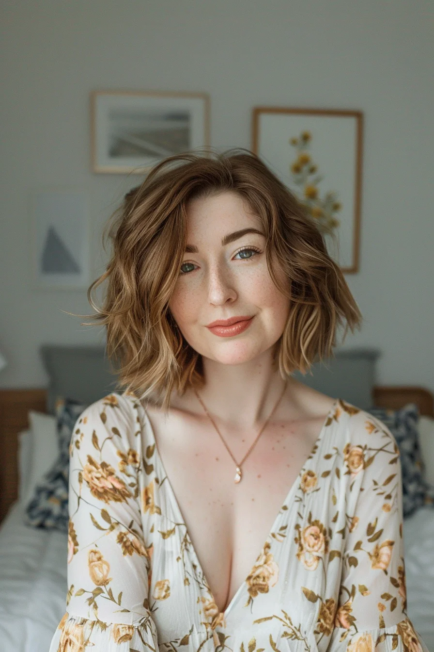 Effortlessly cool, this textured bob embodies laid-back chic. Warm honey-blonde tones blend seamlessly with subtle highlights, creating a sun-kissed effect that brightens the face. Tousled waves add volume and movement, giving the hair a beachy, carefree vibe. The length hits just above the shoulders, offering easy maintenance for busy moms. A deep side part allows for versatile styling options, from sleek and polished to messy and undone. 
