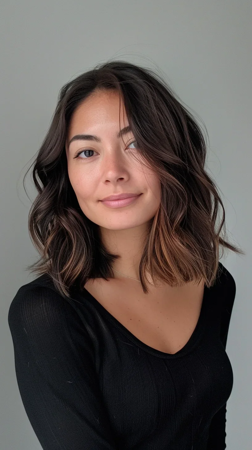Sultry and sophisticated, this lob cut exudes effortless chic. Rich chocolate brown roots seamlessly blend into warm caramel ends, creating a stunning balayage effect that adds depth and dimension. Tousled waves cascade around the face, framing it beautifully while lending a relaxed, beachy vibe. The length, hitting just above the shoulders, offers versatility for various styling options.