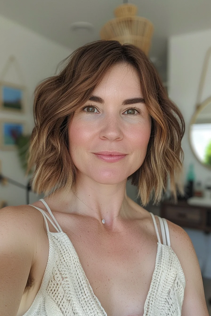 Sun-kissed and vibrant, this textured bob radiates youthful energy. Honey blonde highlights weave through a warm brunette base, creating a multi-tonal effect that catches the light beautifully. Soft, piece-y waves add movement and body, giving the hair a lived-in look that's both stylish and effortless. A side-swept part allows for easy styling variations, from sleek and straight to tousled and voluminous.