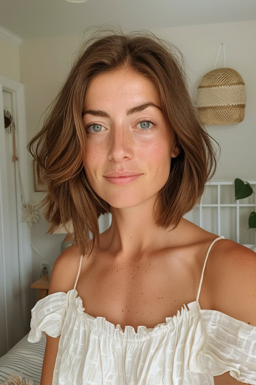 Effortlessly chic, this textured lob embodies laid-back elegance. Warm chestnut tones blend seamlessly with subtle caramel highlights, creating a sun-kissed effect that brightens the complexion. Tousled waves add volume and movement, giving the hair a beachy, carefree vibe. The length hits just below the shoulders, offering easy maintenance for busy moms. A center part balances the face, while wispy ends provide a soft, feminine touch.