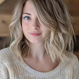 Beachy blonde dreams come to life in this mesmerizing shoulder-length cut. Effortlessly tousled waves showcase a masterful balayage technique, transitioning from darker blonde roots to brilliantly light ends. Textured layers add body and bounce, while the subtle root shadow creates depth and low-maintenance appeal. It's a fresh, youthful look that exudes carefree California cool.