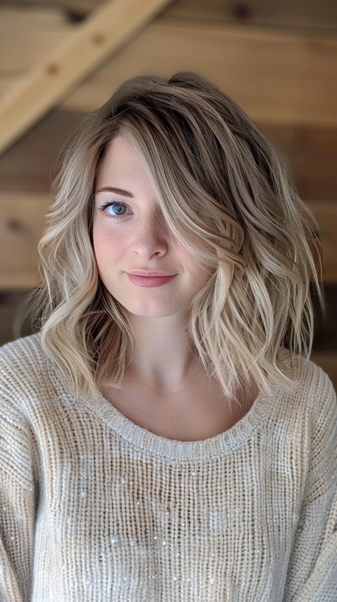 Beachy blonde dreams come to life in this mesmerizing shoulder-length cut. Effortlessly tousled waves showcase a masterful balayage technique, transitioning from darker blonde roots to brilliantly light ends. Textured layers add body and bounce, while the subtle root shadow creates depth and low-maintenance appeal. It's a fresh, youthful look that exudes carefree California cool.