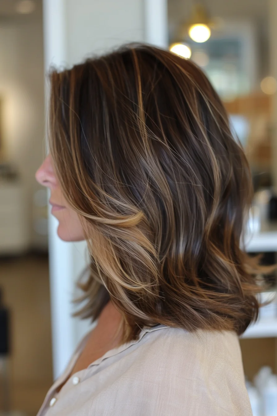 Effortlessly chic, this shoulder-length cut showcases a stunning balayage that transitions from rich chocolate brown roots to warm caramel ends. Soft layers create movement and body, while face-framing highlights brighten the complexion. Styled in loose, tousled waves, this look embodies the coveted "lived-in" color that's both low-maintenance and high-impact.
