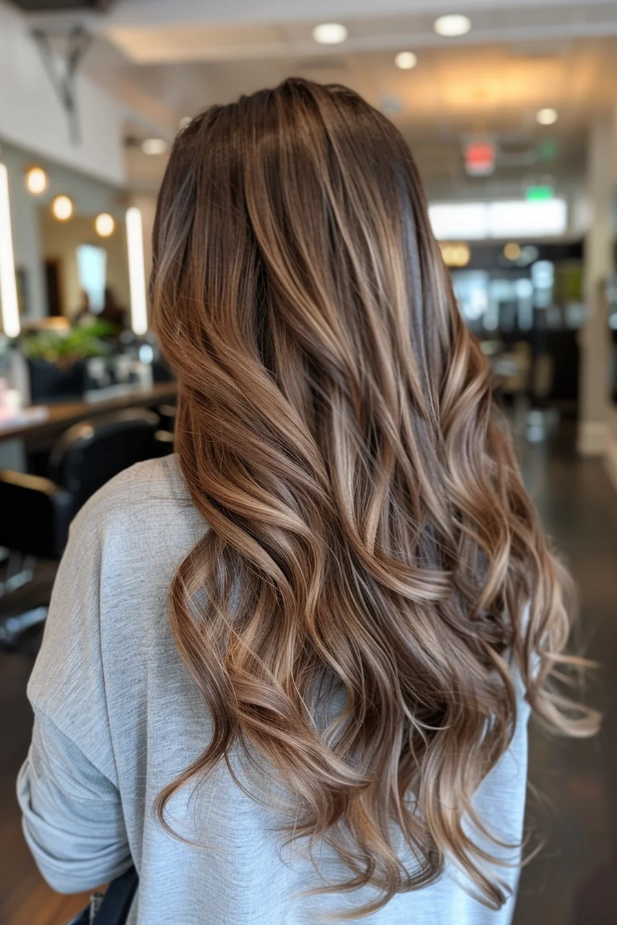 Luxurious waves cascade down in this breathtaking long-layered balayage. Deep brunette roots melt seamlessly into a symphony of honey and golden blonde hues, creating a multi-dimensional color story that's pure hair goals. Expertly placed highlights brighten the face, while long layers add movement and volume to the silky strands.