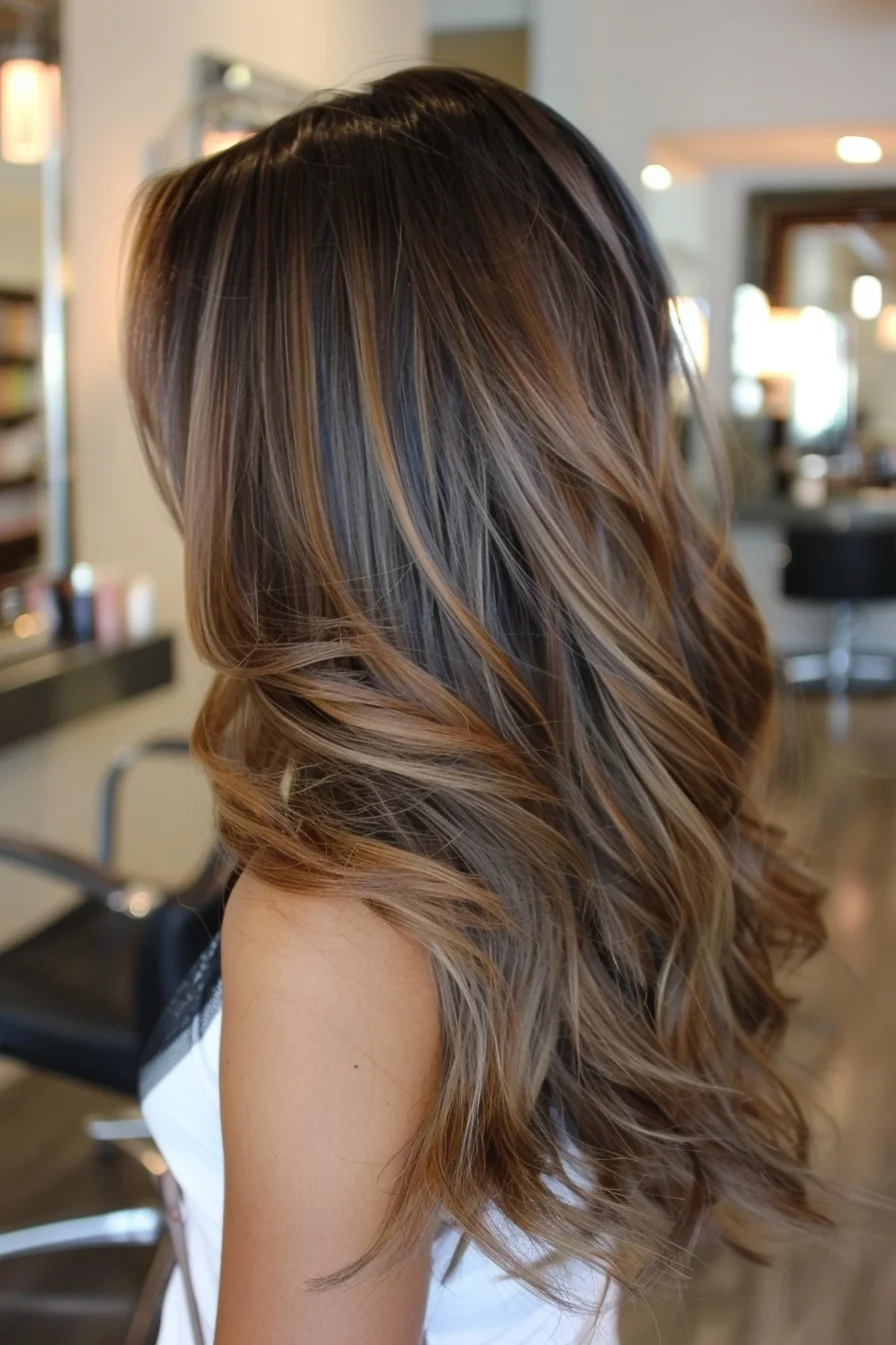 Sun-kissed waves take center stage in this medium-length cut that's brimming with texture and dimension. A masterful balayage technique blends rich dark chocolate roots with creamy blonde ends, creating a gorgeous gradient effect that looks natural and effortless. Soft layers throughout add volume and movement, while subtle highlights around the face enhance features and brighten the complexion. 