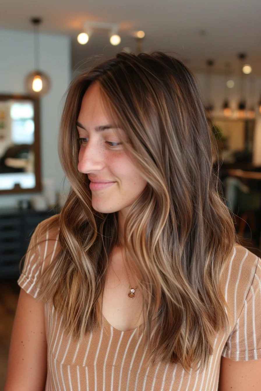 Beachy waves steal the show in this long, layered cut that embodies California-cool vibes. A masterful balayage technique blends rich brunette roots with sun-kissed golden ends, creating a natural-looking gradient that appears as if lightened by the sun. Face-framing highlights add warmth and dimension, perfectly complementing the model's features. The overall effect is effortlessly chic, embodying that coveted "just back from vacation" glow.