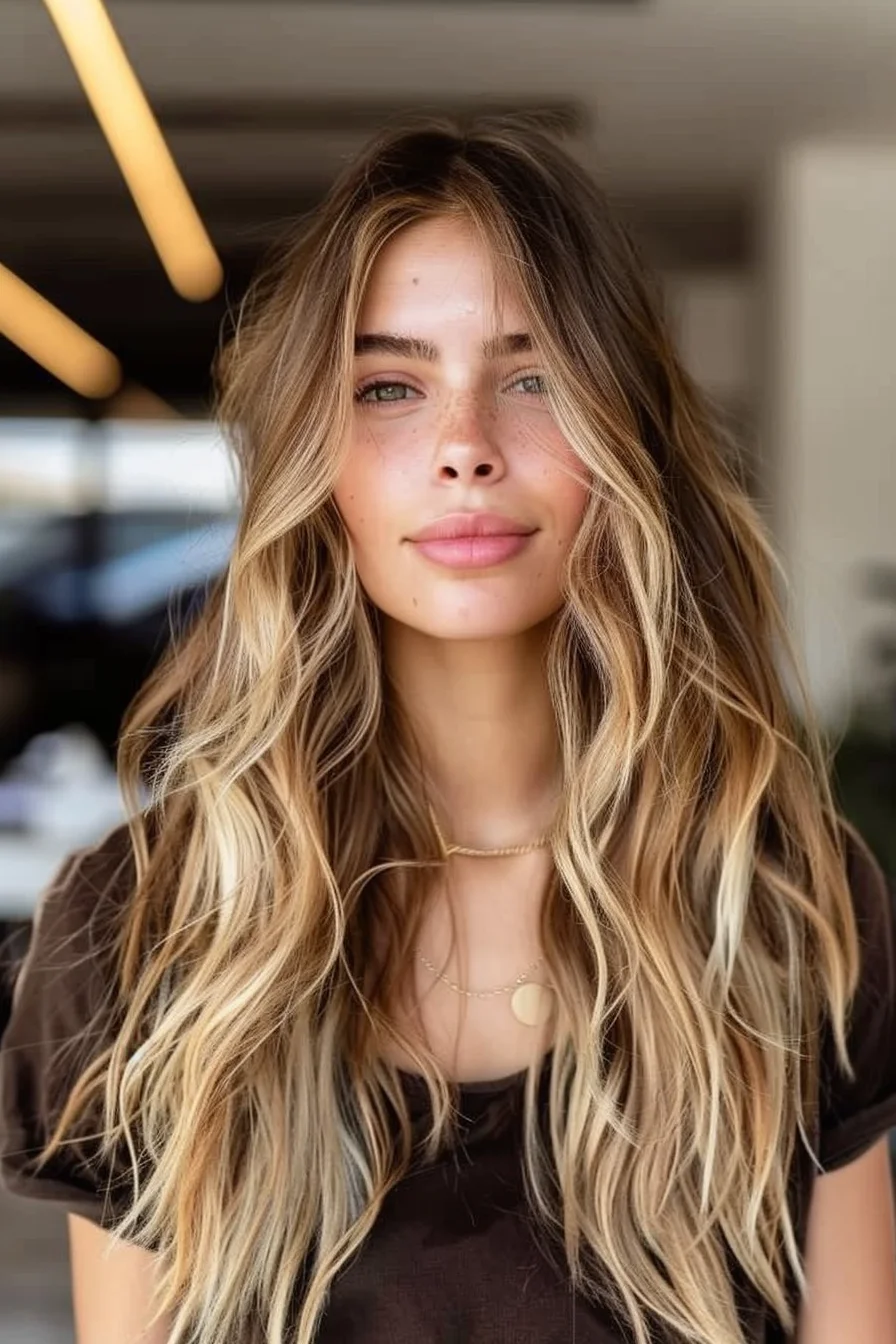Sun-kissed waves cascade down in this stunning long-layered balayage. Rich honey blonde hues blend seamlessly from darker roots to bright ends, creating a natural, lived-in look. Face-framing highlights brighten the complexion, while soft layers add movement and body to the luscious strands. Styled in tousled beach waves, this effortlessly chic look embodies the carefree spirit of summer all year round.