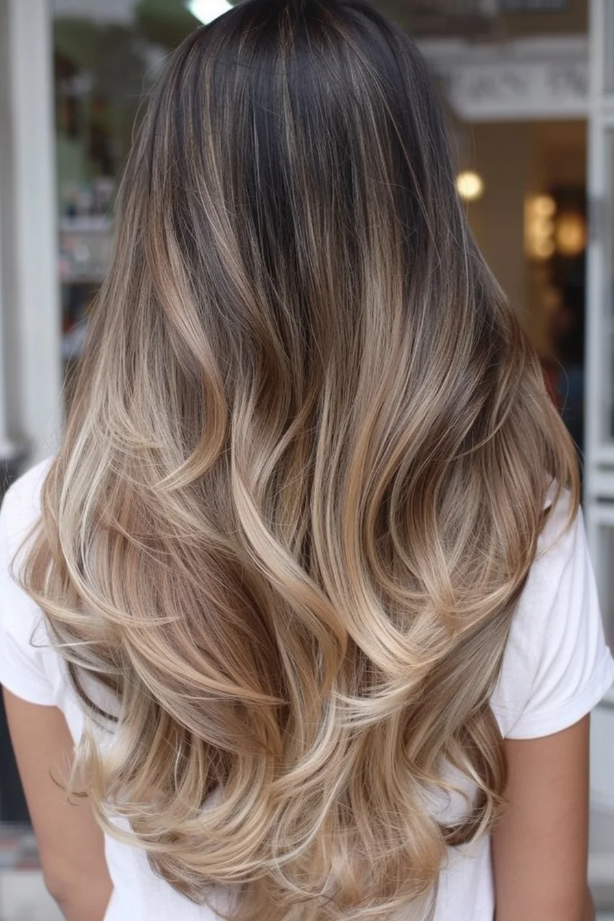 Luxurious waves take center stage in this breathtaking balayage masterpiece. Deep brunette roots melt into a symphony of caramel and ash blonde tones, creating a multi-dimensional color story that's pure hair goals. Long layers add volume and movement, allowing each wave to reveal new depths of light and shadow. 