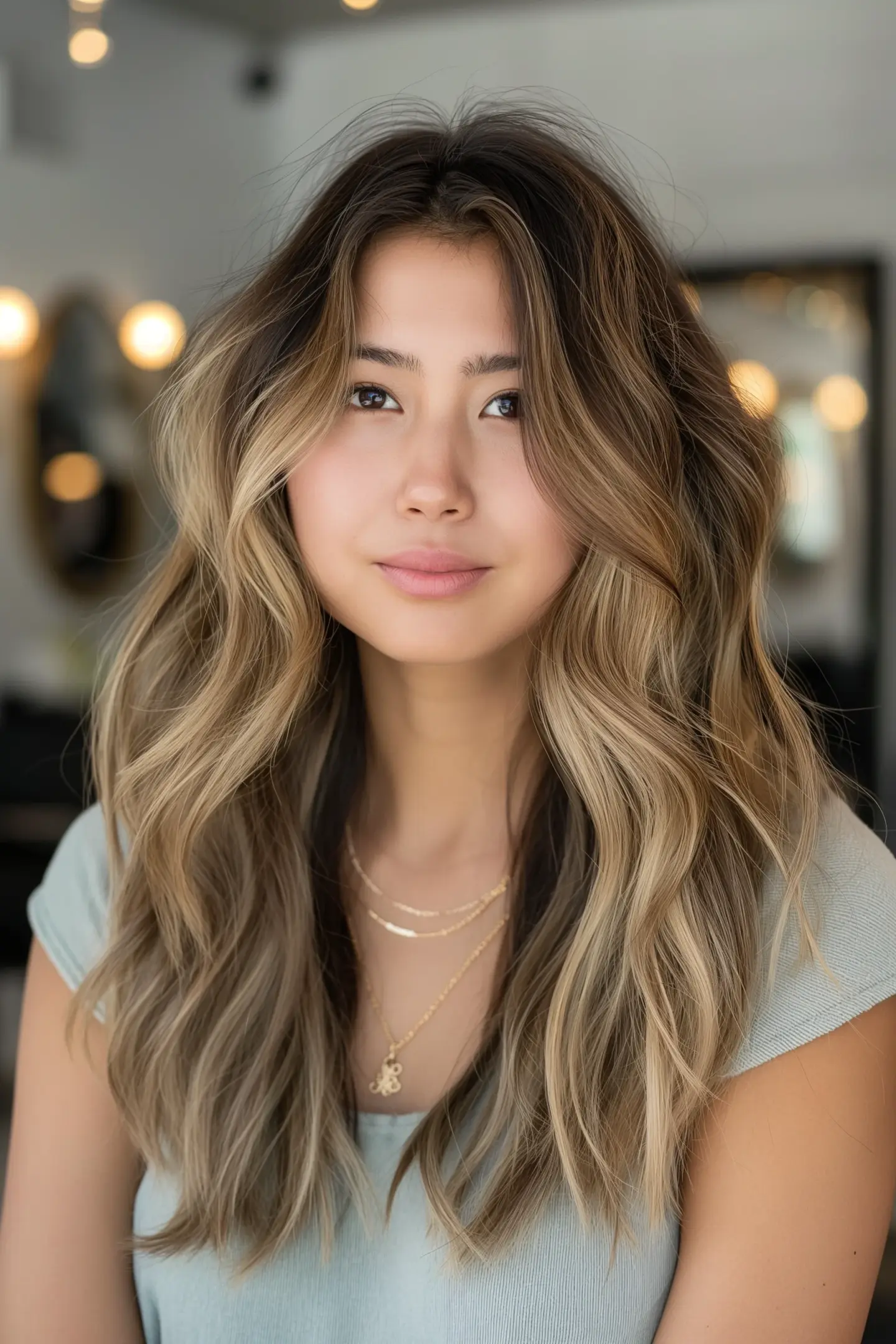 Beachy waves steal the show in this medium-length cut that's brimming with texture and dimension. A masterful balayage technique blends rich dark chocolate roots with creamy blonde ends, creating a gorgeous gradient effect that looks natural and effortless. Soft layers throughout add volume and movement, while subtle highlights around the face enhance features and brighten the complexion.