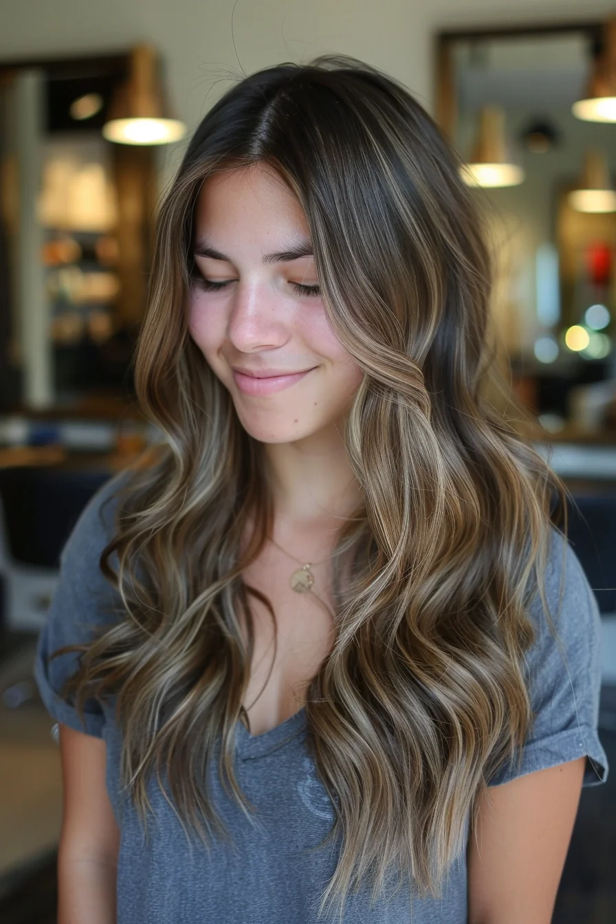 Dreamy waves showcase a breathtaking balayage that transitions from deep brunette roots to sun-kissed golden ends. This long-layered cut allows the multi-tonal color to truly shine, with each wave revealing new dimensions of light and depth. Face-framing highlights brighten the complexion, while long layers add movement and body to the silky strands. 