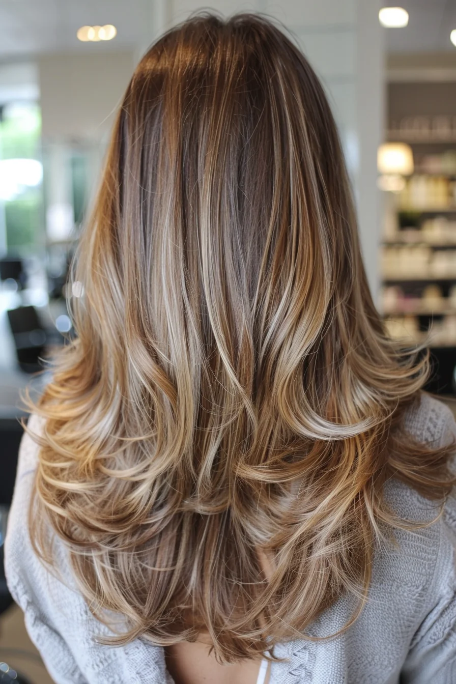 Voluminous waves cascade down in this show-stopping long-layered balayage. Dark chocolate roots seamlessly blend into warm caramel midlengths and honey blonde ends, creating a multi-dimensional color that catches the light with every movement. Long layers add body and movement, while the expertly blended highlights create a natural, sun-kissed effect.