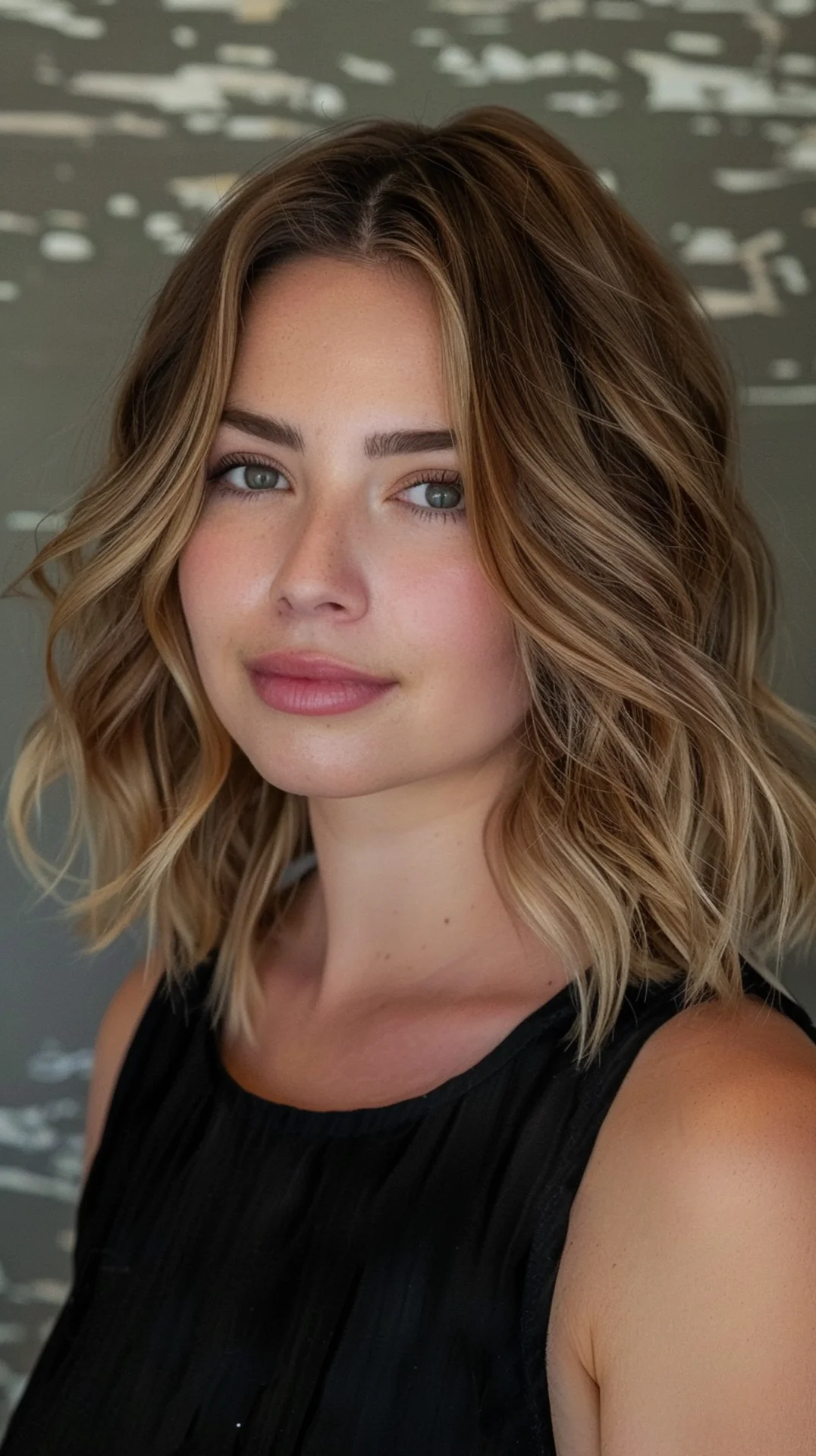 Chic and contemporary, this medium-length cut boasts a flawless balayage that blends ash brown roots with creamy blonde ends. Soft, face-framing layers and tousled waves add texture and movement, while the seamless color transition creates an effortlessly polished appearance. It's a versatile look that strikes the perfect balance between edgy and refined.