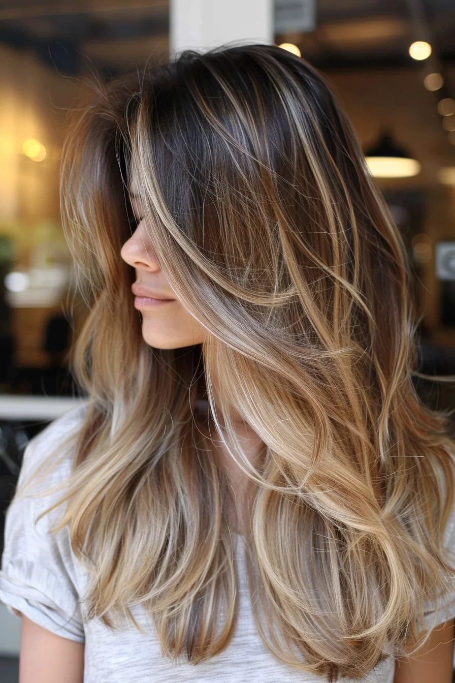 Effortlessly chic, this long-layered balayage showcases a stunning transition from deep brunette roots to sun-kissed blonde ends. Soft waves cascade down, revealing the multi-dimensional color that catches light with every movement. Face-framing highlights brighten the complexion, while long layers add volume and texture.