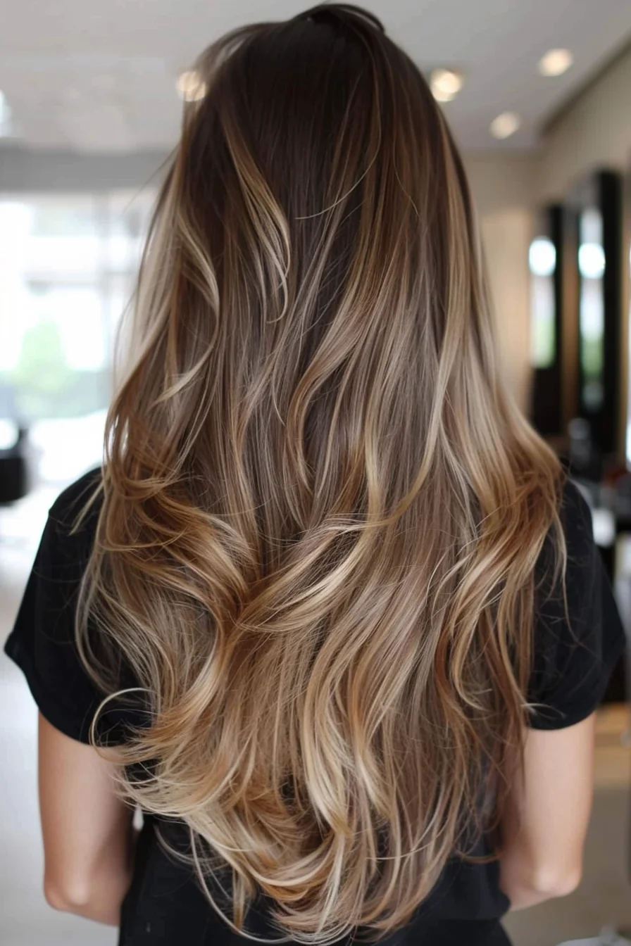 Luxurious waves take center stage in this breathtaking balayage masterpiece. Rich chocolate brown roots melt seamlessly into warm caramel midlengths and honey blonde ends, creating a multi-tonal effect that's pure hair goals. Long layers add movement and body, allowing each wave to reveal new depths of color. 