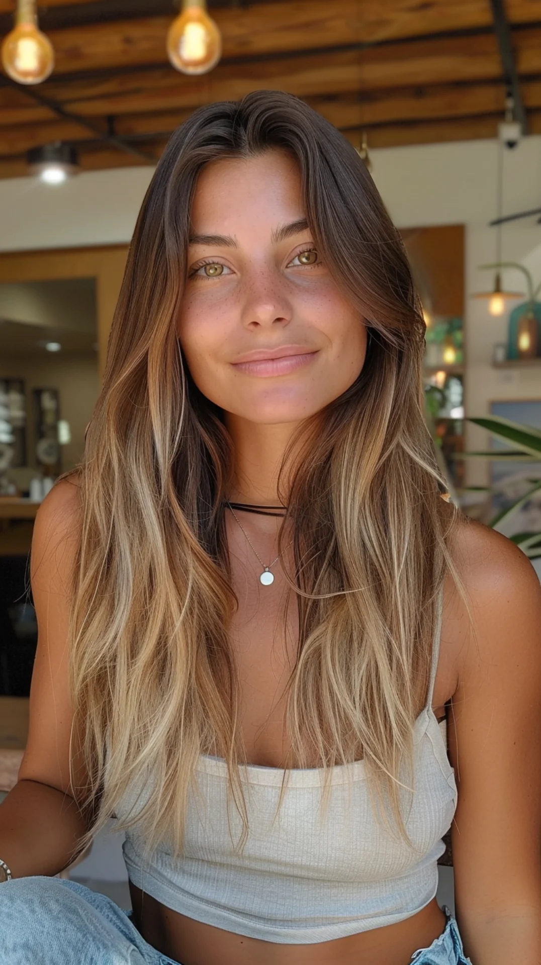 Sun-drenched strands take center stage in this breathtaking long-haired balayage. Starting with a rich brunette base, the color gradually lightens to reveal stunning golden blonde highlights that catch the light beautifully. Loose, flowing waves enhance the dimensional color, creating a luxurious, lived-in look. This radiant style embodies the essence of summer all year round.