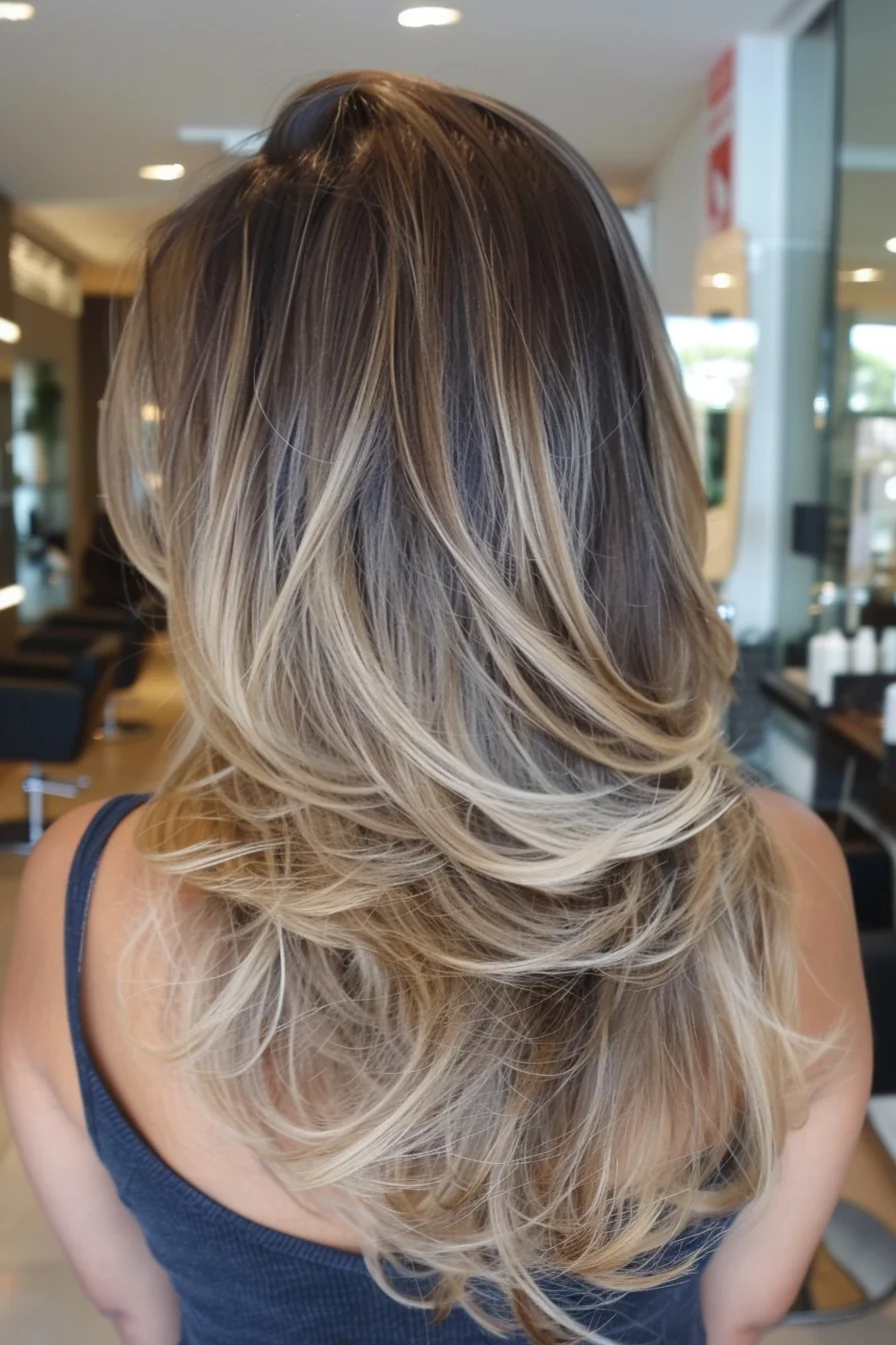 Beachy waves steal the show in this medium-length cut that's brimming with dimension and movement. A masterful balayage technique blends deep espresso roots with creamy blonde ends, creating a gorgeous gradient effect that looks natural and effortless. Expertly placed highlights brighten the face, while soft layers throughout add volume and texture. 