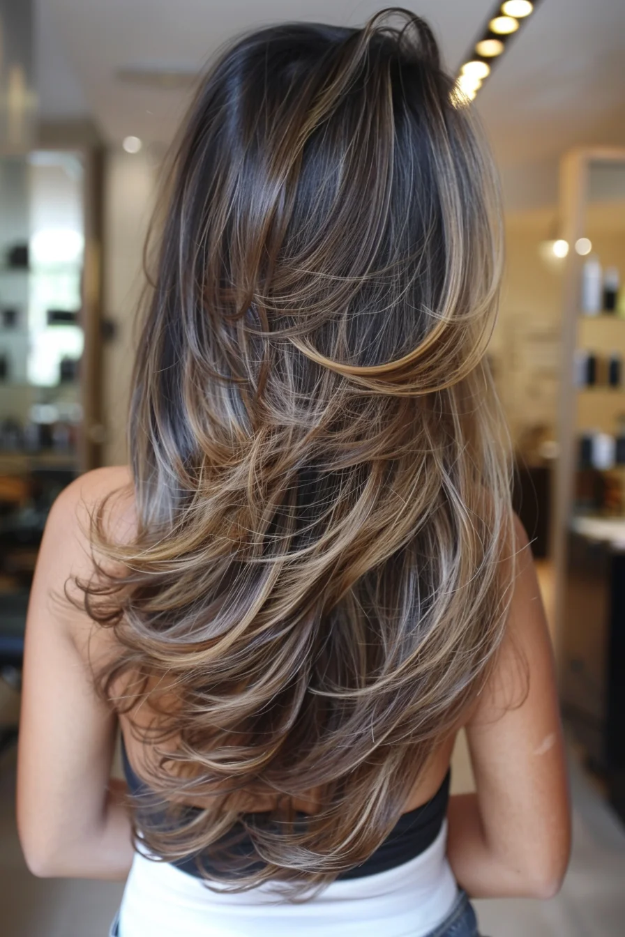 Dreamy waves showcase a breathtaking balayage that transitions from dark chocolate roots to bright blonde ends. This long-layered cut allows the multi-tonal color to truly shine, with each wave revealing new dimensions of light and shadow. Face-framing highlights brighten the complexion, while long layers add movement and body to the silky strands.