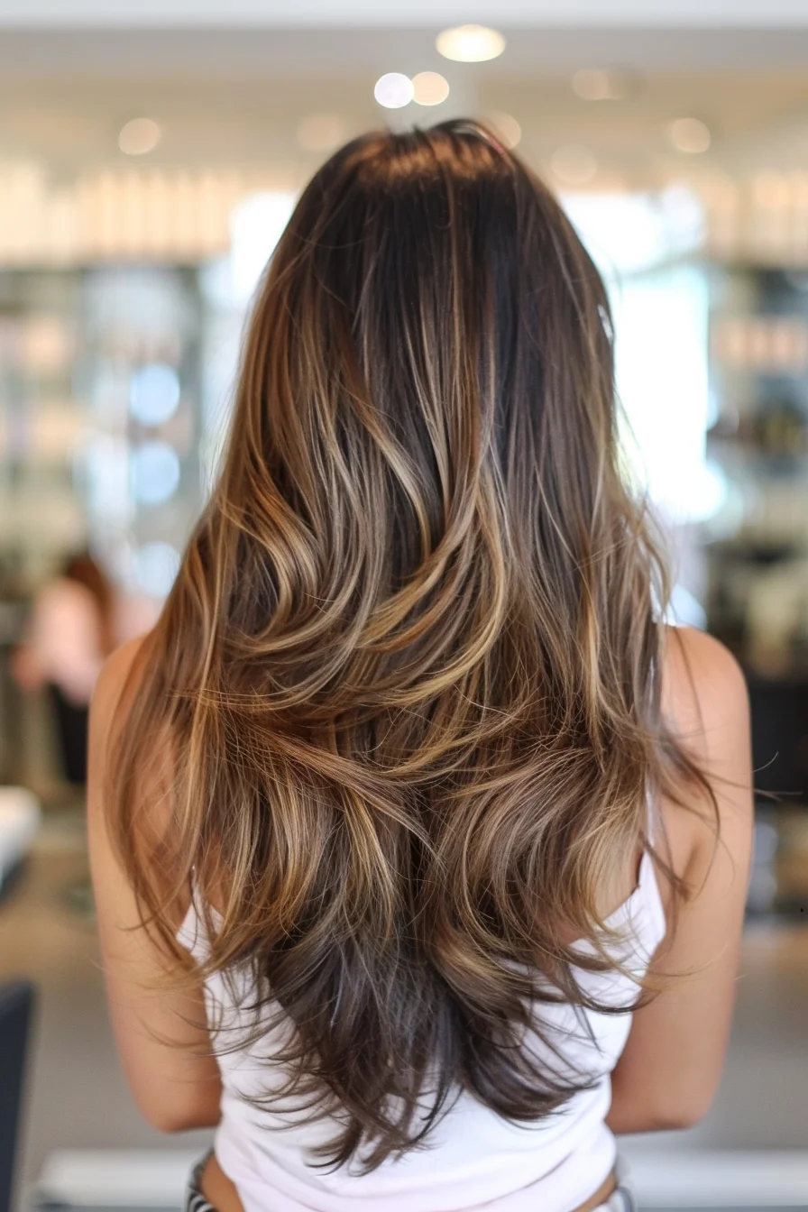 Voluminous waves cascade down in this show-stopping long-layered balayage. Dark brunette roots seamlessly blend into warm caramel midlengths and golden blonde ends, creating a multi-dimensional color that catches the eye with every toss and turn. Long layers add body and movement, while the expertly blended highlights create a natural, sun-kissed effect.